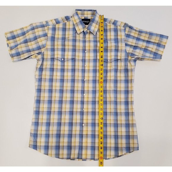 Wrangler Button Up Shirt Men's Large Pearl Snap Western Rodeo Cowboy Blue Yellow - Picture 5 of 7